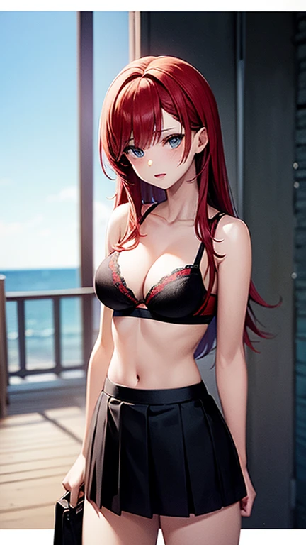 An anime girl with red hair and blue eyes wearing a skirt and an open shirt revealing a black and red bra