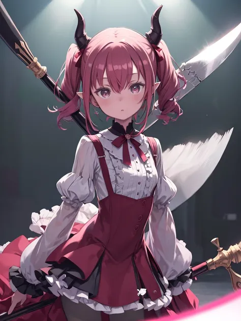 木の前で大きなhas an axe茶色のドレスを着た女性、linear,one girl,alone,short twin tails,hair between the eyes,pink hair,medium hair,devil horns,dark...