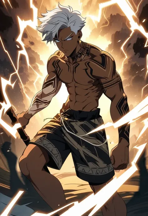 digital art, anime style, Handsome african man, with white wild short hair, tattoed arms shirtless wearing shorts standing with confident posture, using a spear of lightning