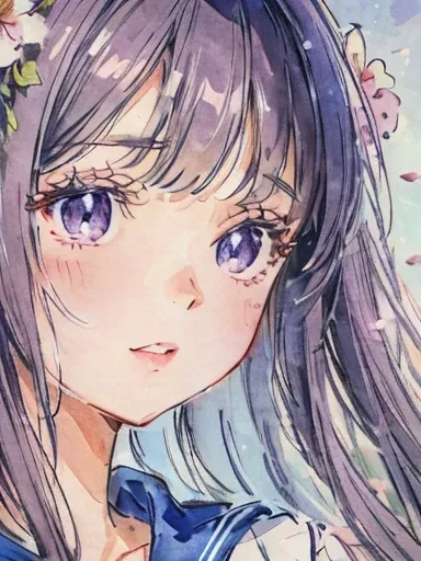 Sailor suit、Face close-up、Soft lighting、Colored pencil style、lips、Long Hair、Background Flowers