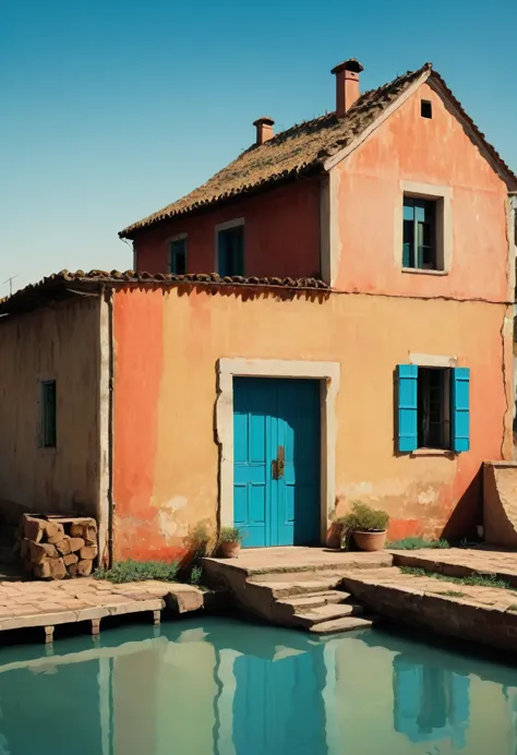 noon bright sun blue clear sky. flood-house in the center of the field, everything is flooded with water all around. rich palett...