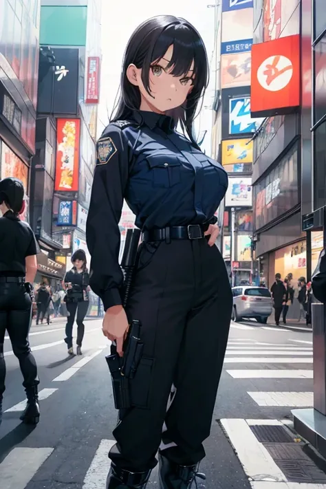 Serious expression, breast enhancement, Black Hair, Police uniform(Blue Uniform, Japan Police, Long sleeve top, pants, boots), Has a pistol(Colt M1911,Trigger Discipline), Tokyo(bustling street, Shinjuku)