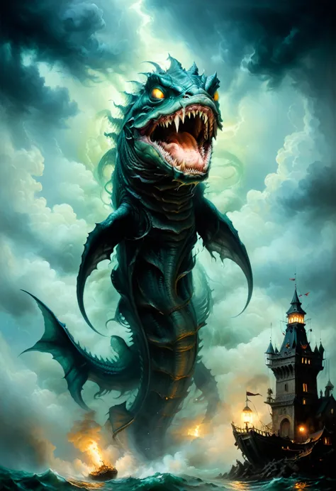 a terrifying monstrous leviathan with a long fish tail, a bloated body, large bulging eyes and a huge mouth full of sharp teeth,...