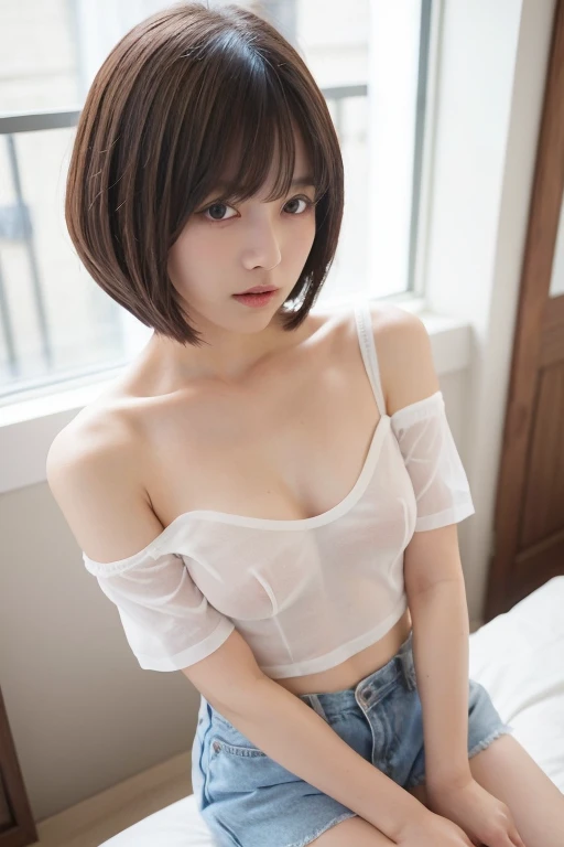 Sit on the stairs、Cotton panties、Bedroom、On the bed、Two girls、((Small breasts))、Baby Face、Small and slim、Show whole body、White camisole、No bra、See-through thin clothing that shows the shape of the nipples、Zoom in on the groin area、Off-the-shoulder camisole...