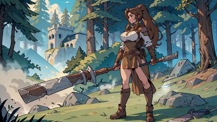 a little female viking, age 18, 150 cm long, brown long hair, a ponytail, holding one ((large sledgehammer)) with one hand, dressed in a short medieval leather-dress, the surrounding environment is a stoney forest.