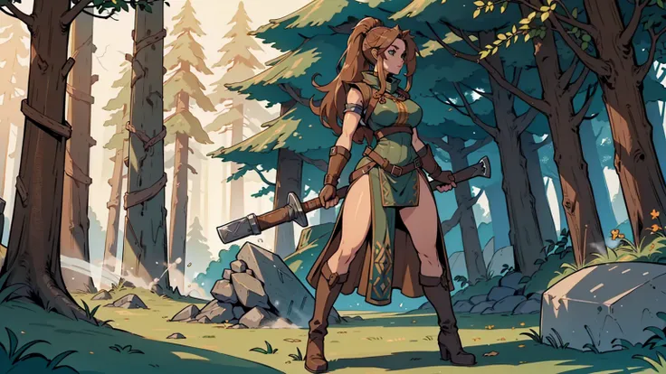 a little female viking, age 18, 150 cm long, brown long hair, a ponytail, holding one ((large sledgehammer)) with one hand, dressed in a short medieval leather-dress, the surrounding environment is a stoney forest.