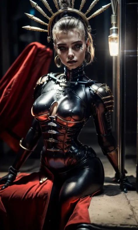 (One girl,Beautiful fine details,Beautiful lip detail,Highly detailed eyes and face,Long eyelashes,Power Armor,short hair,Black Hair,Bionic Eye,Warhammer 40K,Inquisitor,Yvraine,Face close-up,High Contrast,Dramatic lighting,Cinematic,Dark and gloomy atmosph...