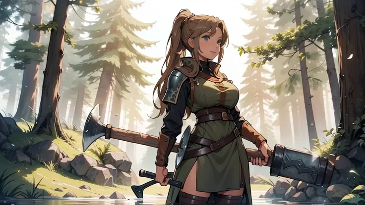 a little female viking, age 18, 150 cm long, brown long hair, a ponytail, holding one ((large sledgehammer)) with one hand, dressed in a short medieval leather-dress, the surrounding environment is a stoney forest.