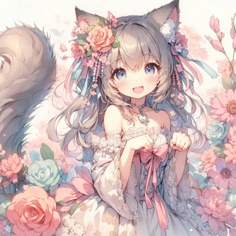 　(Exquisite, beautiful, Very detailed, masterpiece, high quality,High resolution),(Well-formed face,Soft and thin lines: 1.2, Beautiful and delicate illustrations with a mature and transparent feel),Beautiful flowers々Petals fluttering,A very small girl wit...