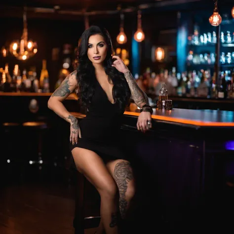 Photo of a 20 year old woman with long black hair, in a short white cocktail dress sitting at the bar of a nightclub looking at the camera, she is tattooed and wearing a necklace and high heels, the area is neon lit and there are glasses on the bar. Nikon ...