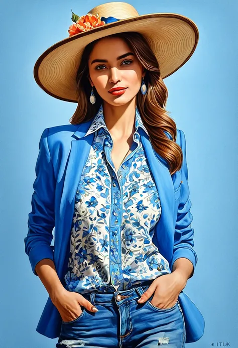 crea una mujer con sombrero elegante azul ,con camisa de flores, obra maestra, estilo ilustracion de Ali Erturk, alto detalle, hiperrealista, luz natural,ilustracion , colores llamativos
