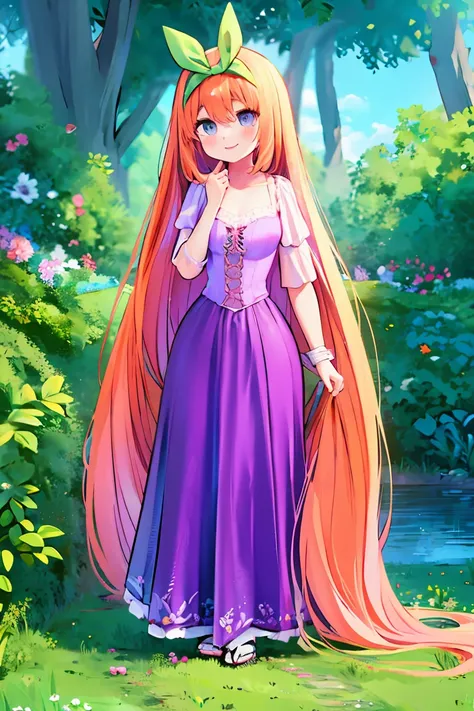 Fusion between Rapunzel from disney and Yotsuba Nakano, good fusion, excellent character design, masterpiece, 4k, perfect anatomy, perfect face, perfect eyes, 1girl, solo, full body, yotsuba nakano wearing rapunzels dress, long long orange hair, red hair, ...