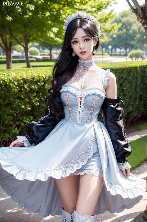 sexy stylish Spanish model, only 1 female, ((doll-like appearance)), ((ultra detailed Victorian-Style boots)), beautiful smile, ultra detailed eyes, vivid eye makeup, lipgloss, long lashes, defined eyebrows, ((sexy Paradise Kiss cosplay)), bell-shaped skir...