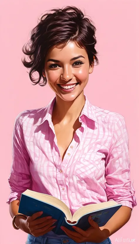 crea una mujer  sonriendo  con pelo corte pixie ,con camisa rosa, con un libro ,obra maestra, estilo ilustracion de Ali Erturk, alto detalle, hiperrealista, luz natural,ilustracion , colores llamativos
