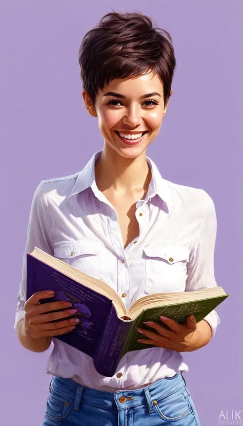 crea una mujer sonriendo con pelo corte pixie ,con camisa lila claro, con un libro ,obra maestra, estilo ilustracion de Ali Erturk, alto detalle, hiperrealista, luz natural,ilustracion , colores llamativos
