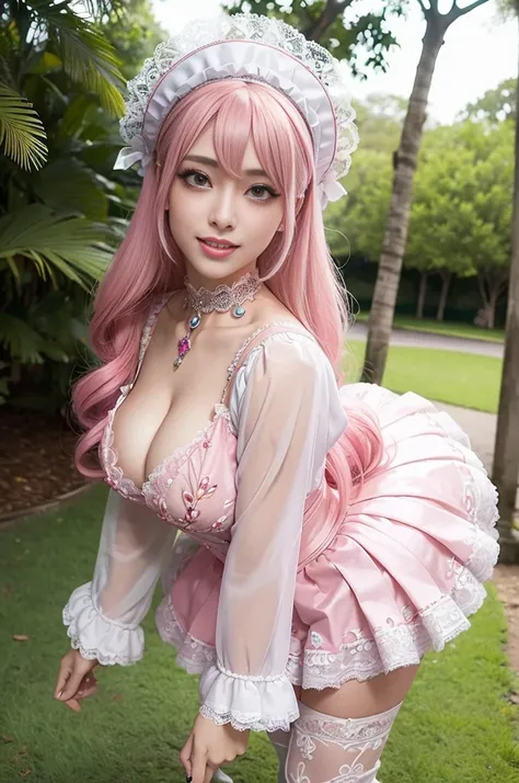 sexy stylish female model, only 1 female, ((doll-like appearance)), long neon pink stylish hair, ((ultra detailed Victorian-Style boots)), (big smile), ultra detailed eyes, vivid eye makeup, lipgloss, long lashes, defined eyebrows, ((sexy Paradise Kiss cos...