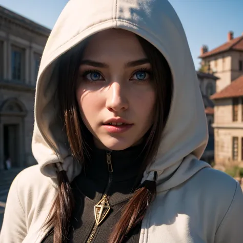 A full-body shot of depraved Princess Zelda, brown hair, blue eyes, dressed as an Assassin from Assassins Creed, in white+gold witha white mask and hood with gold details, XL bust, using a wrist blade. Background: A city during the renaissance period. Unre...