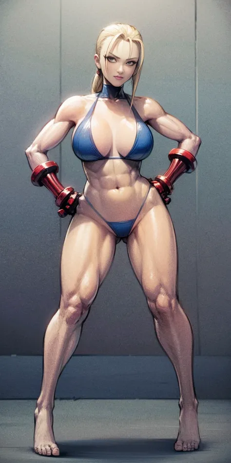 ((plain background)) Cammy White Street Fighter 7th full body 1sologirl barefoot feet together, hands on hips red gloves gauntlets, 1piece yellow bikini slingshot