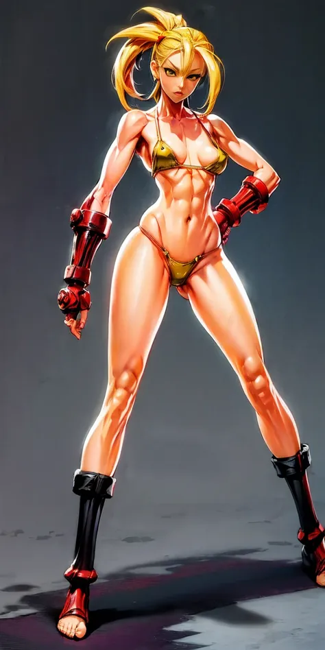 ((plain background)) Cammy White Street Fighter 7th full body 1sologirl barefoot feet together, hands on hips red gloves gauntlets, 1piece yellow bikini slingshot