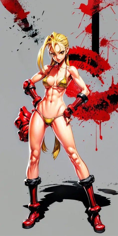 ((plain background)) Cammy White Street Fighter 7th full body 1sologirl barefoot feet together, hands on hips red gloves gauntlets, 1piece yellow bikini slingshot