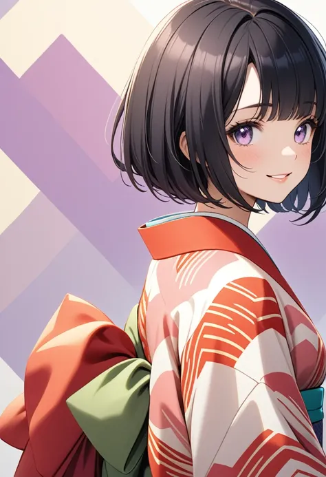 1girl,bob cut hair,parted bangs,black hair,purple eyes,kind smile,medium breasts,kimono,yagasuri,