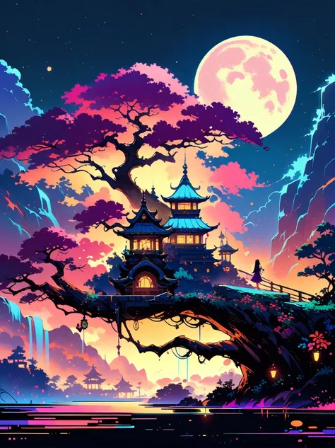 yinji，romantic ancient style，night，backlight，a man and a woman sitting on a tree branch，there is a full moon behind，fresh colors...