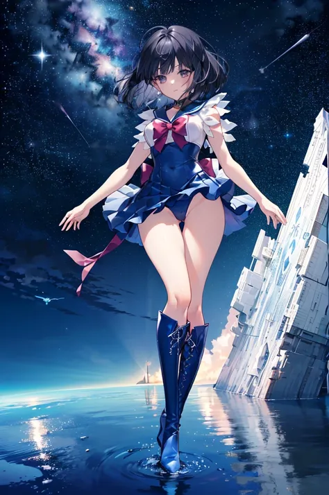 (full body),1 girl，solo，Sailor Saturn, purple Sailor collar, Sailor collar, Sailor Warrior Uniform,White leotard，Elbow Handbags，Braided knee-high boots，Black Hair，Bobcut，Gold tiara on forehead, Tomoe Hotaru, space, (Highest_quality:1.2), (Ultra_detailed:1....