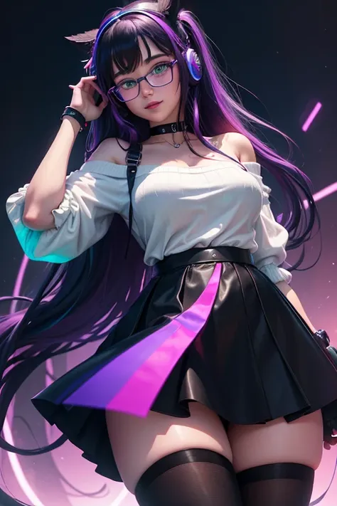 ((best quality)), ((masterpiece)), 8k, detailed eyes, perfect face, female, gamer girl, aqua eyes, cherry-red lips, light smile, long black hair, purple streaks, wearing headphones, nerdy glasses, bangs, ribbon, choker, bracelet, sleeves past fingers, whit...