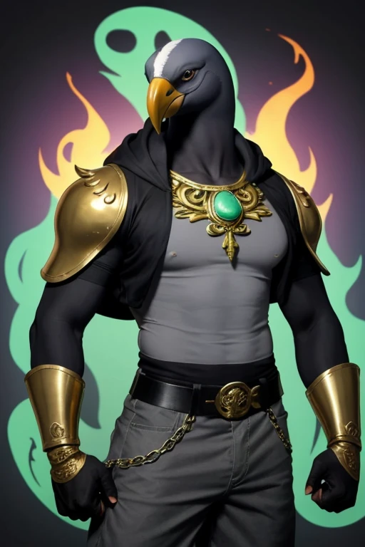 Sidarta, of the aarakocra race, Wreathed in purple and aqua green flames, com um cajado dourado, a pistol on his waist in brass knuckles in his left hand, asas azuis nas costas, com cabelo azuis voltado pro roxo, olhos negros, shape em v, com uma blusa pre...