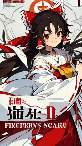 Reimu hakurei, busto pequeno, 1 garota, 10 anos de idade, sorrindo, Roupas sacerdotisa japonesa, dynamic pose, fundo branco, manga cover style, Sanctuary in the background