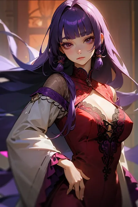 1 girl, Blunt bangs, Braiding, Wide sleeves, hair ornaments,Red and navy lace、(Purple Hair:1.2), Very long hair, Straight hair, Looking at the audience, Highly detailed background, (Realistic:1.2), Beautiful Eyes, Red eyeshadow, Written boundary depth，thig...