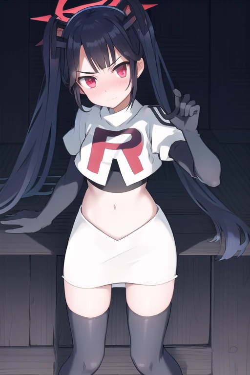 fuukadef, team rocket,team rocket uniform,white skirt,red letter R,crop top,black thigh-highs,black elbow gloves, blush,  looking at viewer,moody lighting, facing viewer,
