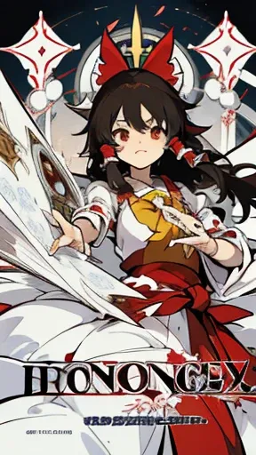 Reimu hakurei, busto pequeno, 1 garota, 10 anos de idade, sorrindo, Roupas sacerdotisa japonesa, dynamic pose, fundo branco, manga cover style, Sanctuary in the background, escrito Gensokyo Densetsu na forma de um logo no canto inferior.