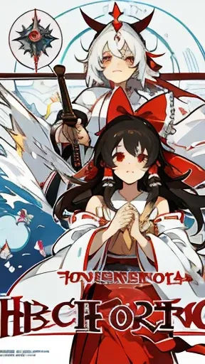 Reimu hakurei, busto pequeno, 1 garota, 10 anos de idade, sorrindo, Roupas sacerdotisa japonesa, dynamic pose, fundo branco, manga cover style, Sanctuary in the background, escrito Gensokyo Densetsu na forma de um logo no canto inferior.