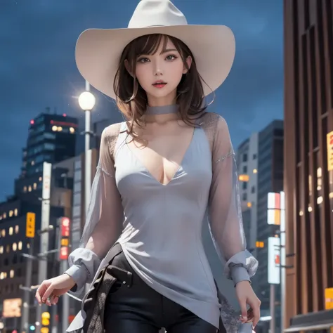 Anthropomorphic cat with purple eyes in a gray stetson cowboy hat in a cyberpunk city at night, smoking a cigarette, (masterpiece, Highest quality, Highest, Official Art, beautifully、beautiful, Long exposure: 1.2), Smooth movement, Attractive patterns, blu...