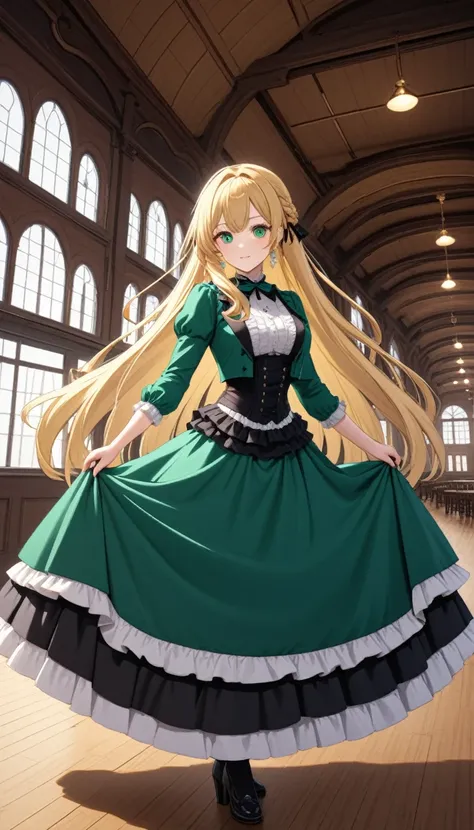 1girl,blonde hair,straight long hair,emeraldgreen eyes,victorian frilled dress,dance hall,cowboy shot,