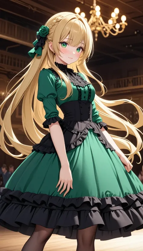 1girl,blonde hair,straight long hair,emeraldgreen eyes,victorian frilled dress,dance hall,cowboy shot,