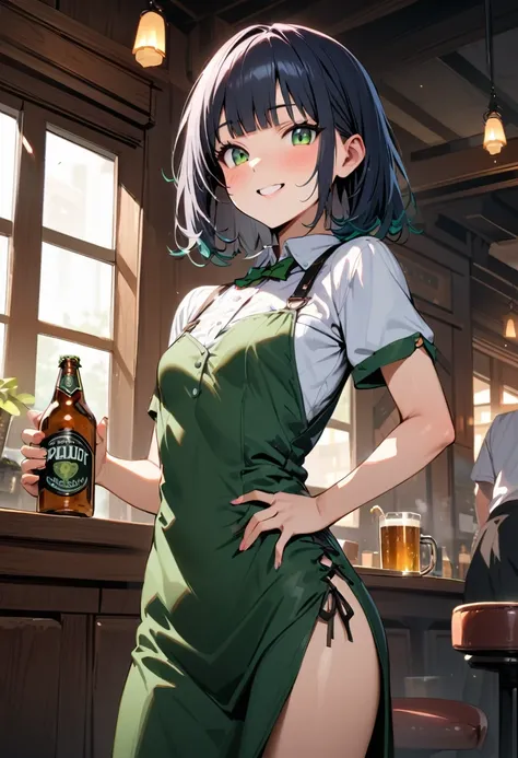 (Irish pub waitress),Carrying beer,14yo,cute,detailed face,smile,BREAK (navy hair),(wavy-short hair),parallel eyebrows,eyes with large irises,blunt bangs,fresh lips,small nose,(small breasts),small hip,(5feet tall)), pop (masterpiece, best quality:1.1),det...