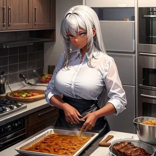 A silver-haired, dark-skinned woman wearing a black dress shirt and slim jeans is making naan and game meat curry.　Belly button showing