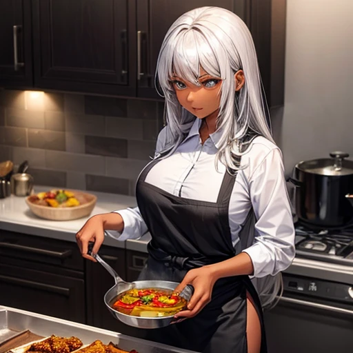 A silver-haired, dark-skinned woman wearing a black dress shirt and slim jeans is making naan and game meat curry.　Belly button showing