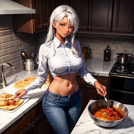 A silver-haired, dark-skinned woman wearing a black dress shirt and slim jeans is making naan and game meat curry.　Belly button showing