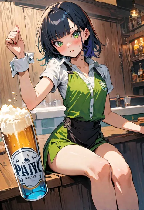 (Irish pub waitress),A girl spills the beer she was carrying,14yo,cute,detailed face,Panic look,BREAK (navy hair),(wavy-short hair),parallel eyebrows,eyes with large irises,blunt bangs,fresh lips,small nose,(small breasts),small hip,(5feet tall)), pop (mas...