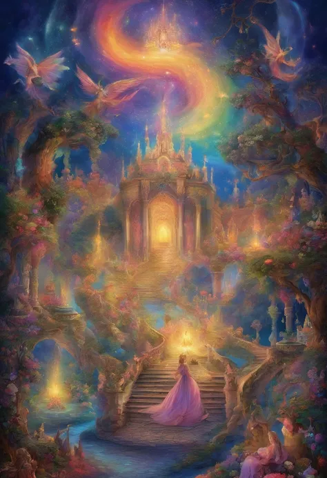 Ascension，Liberation of the Soul，Candles burning in rainbow colors，Heavenly Paradise，fantastic，Out of this World，Otherworldly atmosphere，Luxurious and gorgeouasterpiece．