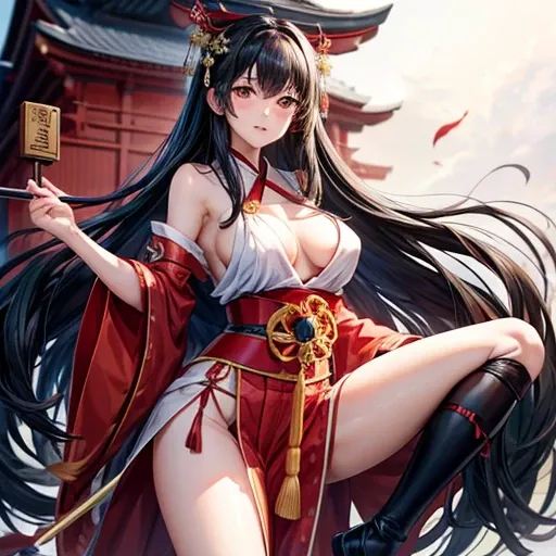 A black-haired woman wearing a shrine maiden outfit with leg slits　Spread your legs　The upper body is fluttering　has a three-sectioned stick