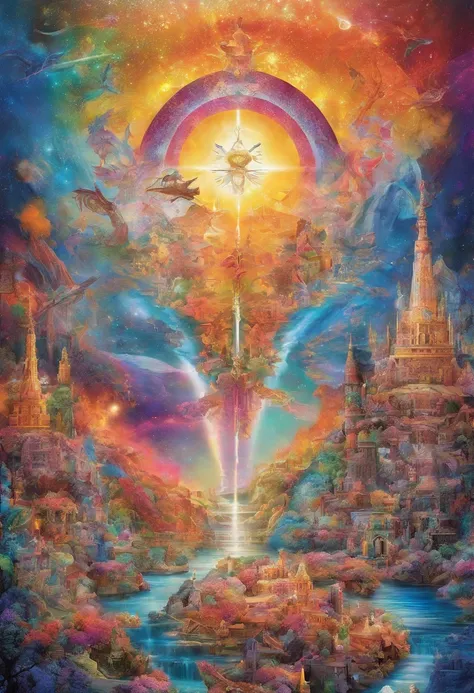 Ascension，Liberation of the Soul，Candles burning in rainbow colors，Heavenly Paradise，fantastic，Out of this World，Otherworldly atmosphere，Luxurious and gorgeouasterpiece．