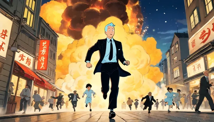 Tintin, 50 years old male wearing black suit, white shirt, black tie, black pants and black shoes, slick and neat short grey hair, herge, european comics, running  away fast forward camera from big explosion, Tokyo tower action movie scene background at ni...