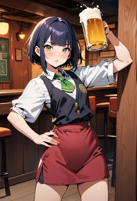 (Irish pub waitress),waitress trips and drops beer,japanese girl,14yo,cute,detailed face,Panic look,BREAK (navy hair),(wavy-short hair),parallel eyebrows,eyes with large irises,blunt bangs,fresh lips,small nose,(small breasts),small hip,(5feet tall)), pop ...