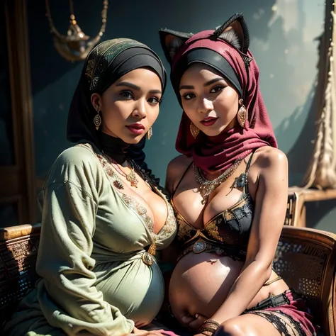 Two:2 Malaysian girl pregnant 9 month ,malay, The whole body consists of a young girl with hijab, Eye makeup, 55 year old model, Cat ears, Soft lighting, Solo, Wear shabby clothes, Dirty, Tattered futuristic military uniform, Cats paw badge, Pose, spot col...