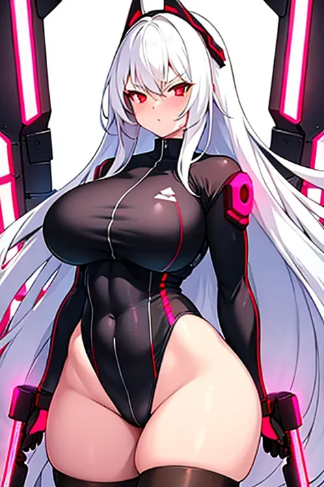 1girl, white hair, long hair, red eyes, serious, glowing eyes, large breasts, thick thighs, mature female, athletic  female, toned, leotard, black leotard, thighhighs, belt, knife, tech, machinery, neon, futuristic, science-fiction, neon trim, neon light