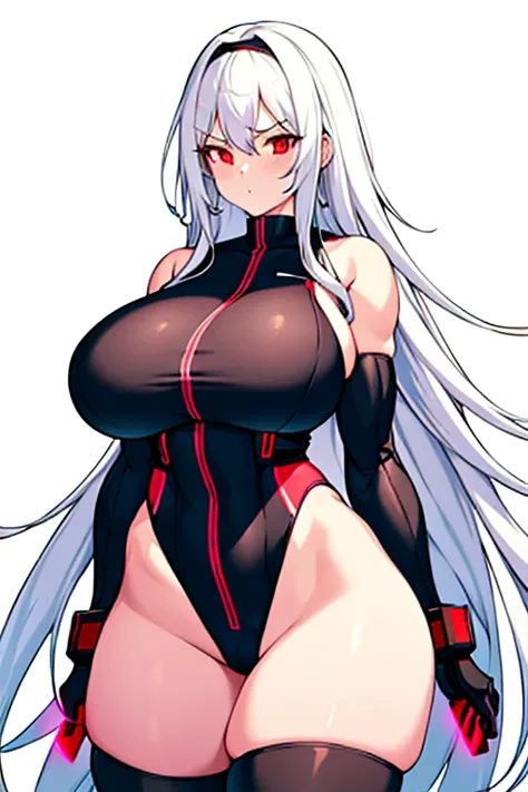 1girl, white hair, long hair, red eyes, serious, glowing eyes, large breasts, thick thighs, mature female, athletic  female, toned, leotard, black leotard, thighhighs, belt, knife, tech, machinery, neon, futuristic, science-fiction, neon trim, neon light